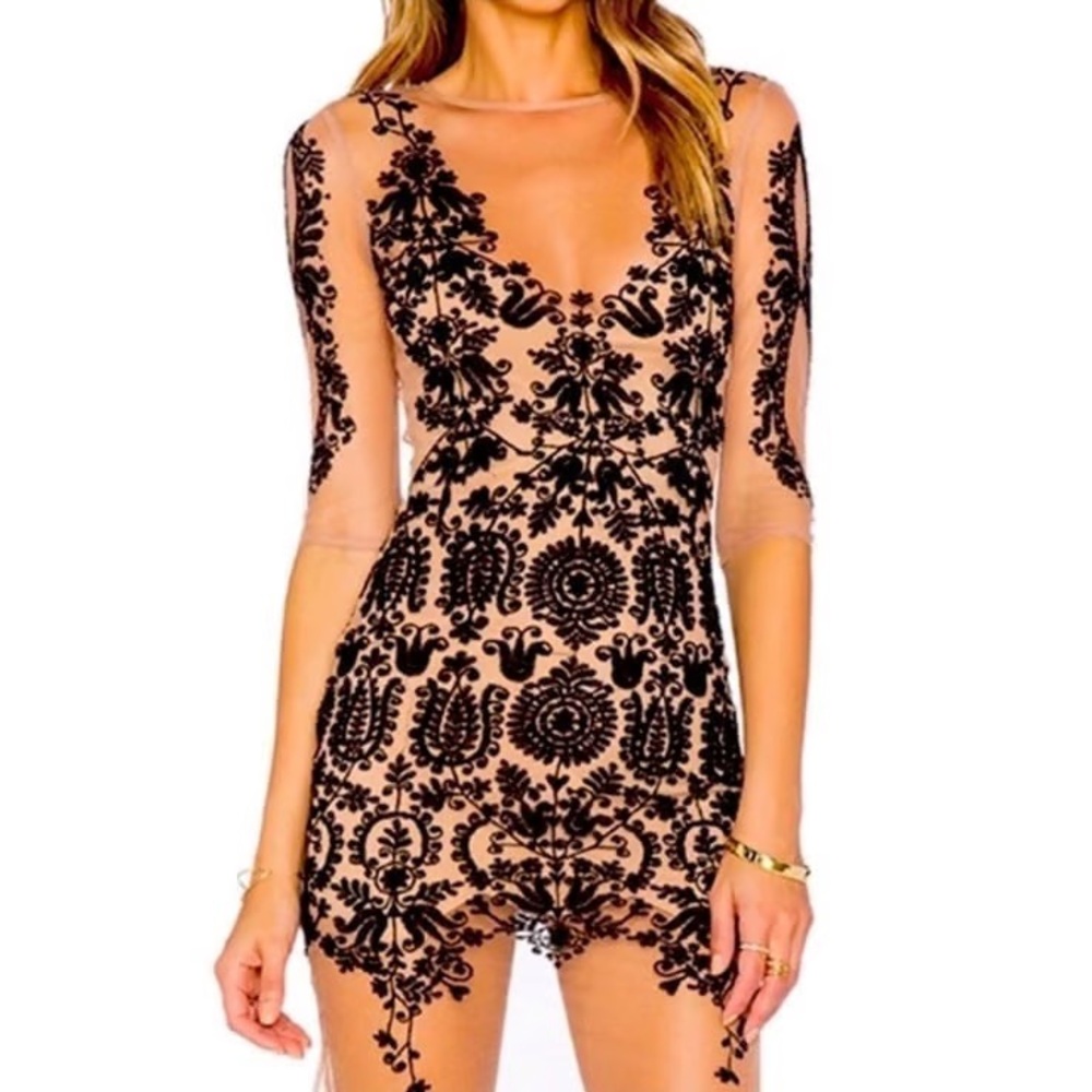 For Love And Lemons - Nude and Black Embroidered Mini Dress